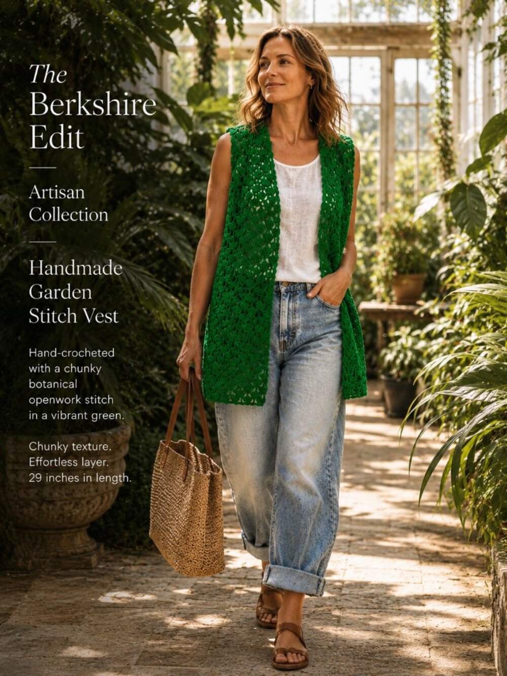 OOAK Handmade Crochet Open Front Vest Cardigan Emerald Green Boho Cottagecore